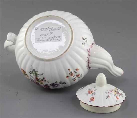 A rare Derby ribbed teapot and cover, c.1758, h. 13.5cm, replacement knop